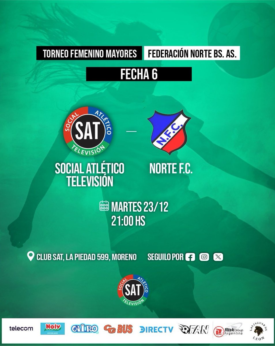 #FútbolFemenino | Enfrentamos a Norte F. C.💪

🏆 Federación Norte Bs. As. | Fecha 6
⌚ Martes 23/12 | 21:00 hs
🏟 12 de Agosto

#VamosLaTele 🇬🇲
#SintonizandoNuestraPasión
