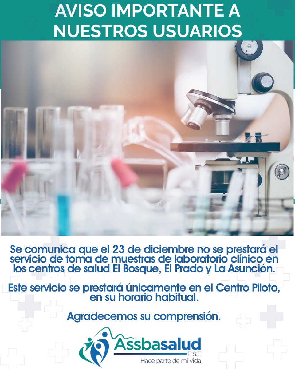 📢 Aviso importante a nuestros usuarios.

Informamos que el día 23 de diciembre no se prestará el servicio de toma de muestras de laboratorio clínico en los centros de salud El Bosque, El Prado y La Asunción.
