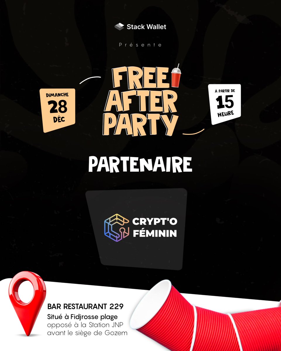 Ce dimanche 28 décembre, on se retrouve pour un moment de détente, de rencontres et de vibes positives. 💃

Crypt'O Féminin est partenaire du Free After Party présenté par Stack Wallet et vous invite pour échanger, réseauter et finir l’année dans une ambiance conviviale.
#web3