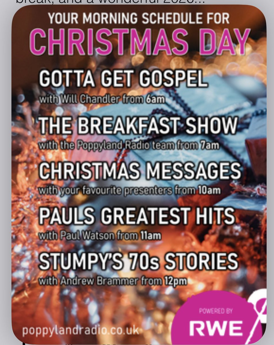 Here’s the #ChristmasDay schedule for #Poppyland Radio 
poppylandradio.co.uk. The show will be aired at 6am UK time.