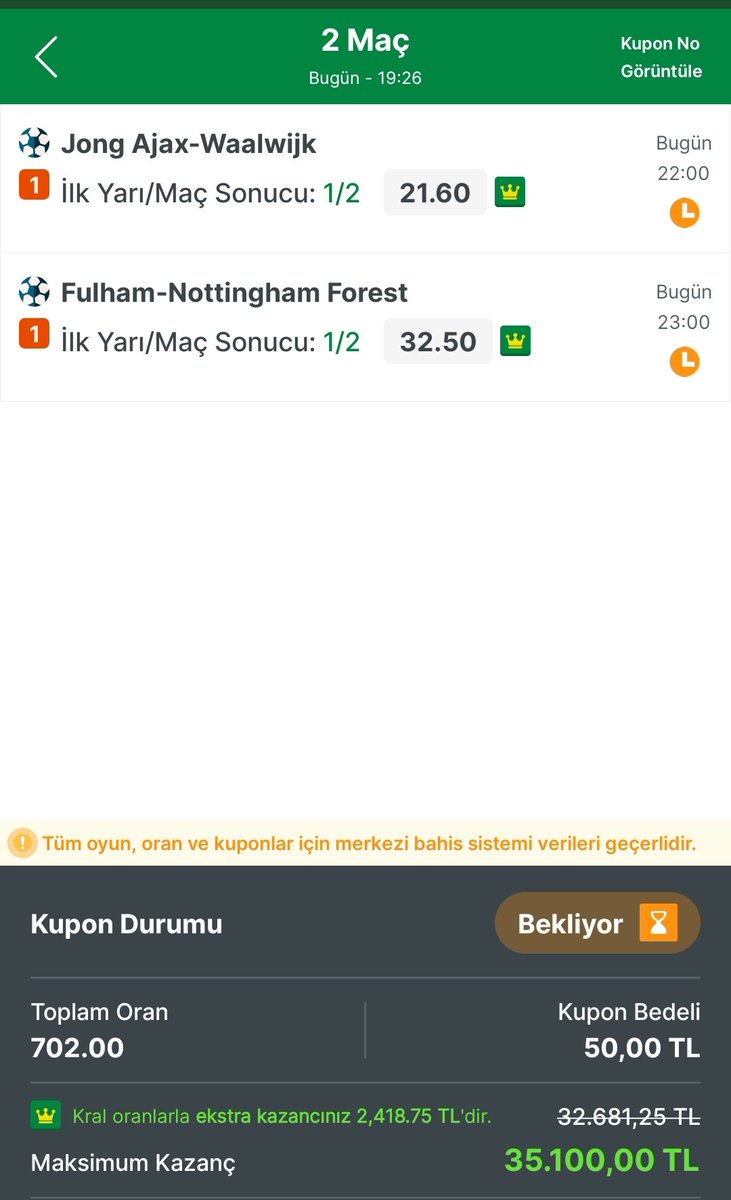 espanyol 2/1
waljik 1/2 

espanyol 2/1 
lizbon 1/2

fulham 1/2 
lizbon 2/1 

böyle kombinasyonlar çevirdim.