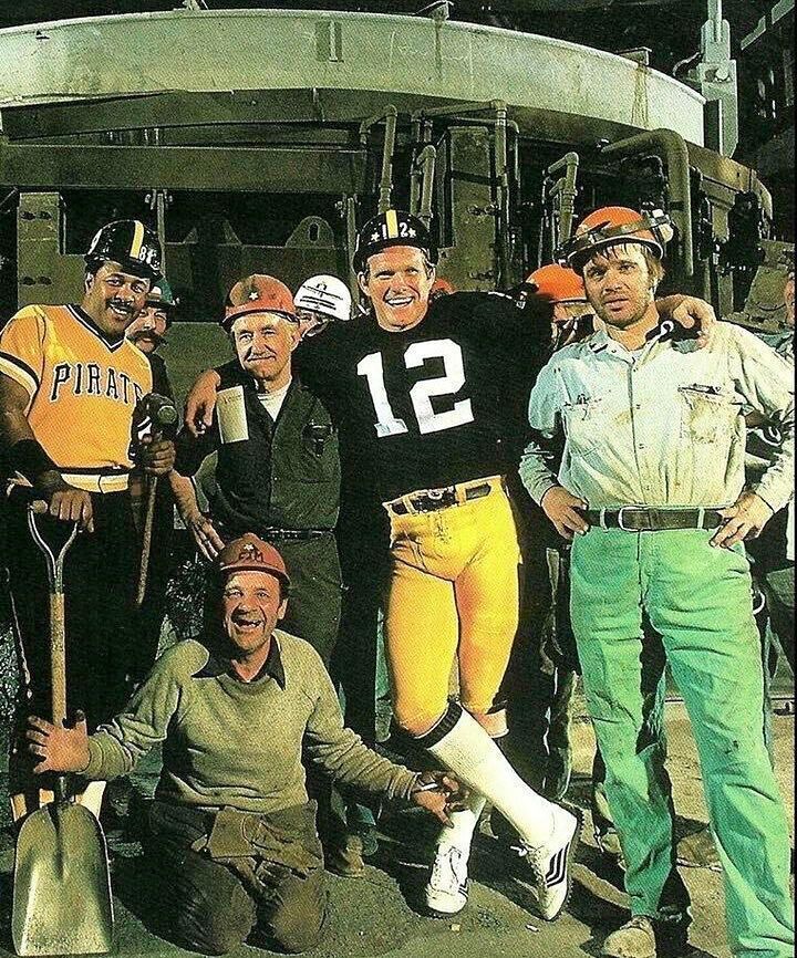 baseballinpix's tweet image. Willie Stargell and Terry Bradshaw with steelworkers at the Jones &amp;amp; Laughlin steel mill in November 1979. Photo by Walter Iooss Jr. for Sports Illustrated. The photo was part of the December 24, 1979, issue that named Stargell and Bradshaw as the magazine's "Sportsmen of the…