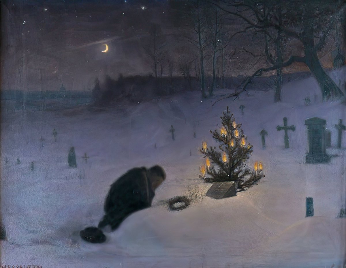 archaeologyart's tweet photo. Otto Hesselbom (1848 - 1913): Christmas Eve at the Grave, 1896.

This painting by Otto Hesselbom brings us to a Scandinavian winter in the 1890s. The artist has perfectly captured the moment immediately following the "blue hour"—just after sunset, as night begins to fall.

Let us focus on the figure and his surroundings. The man’s posture conveys a grief that is difficult to bear. At the head of the grave, we see a small, illuminated pine tree.

At the time this painting was created, cemeteries in Scandinavia were usually left unlit and merely covered with pine branches—quite unlike today. The custom of lighting candles (gravljus) was just beginning to take hold among wealthy urban families, influenced by the Catholic countries to the south. The artist has documented this cultural transition as well.