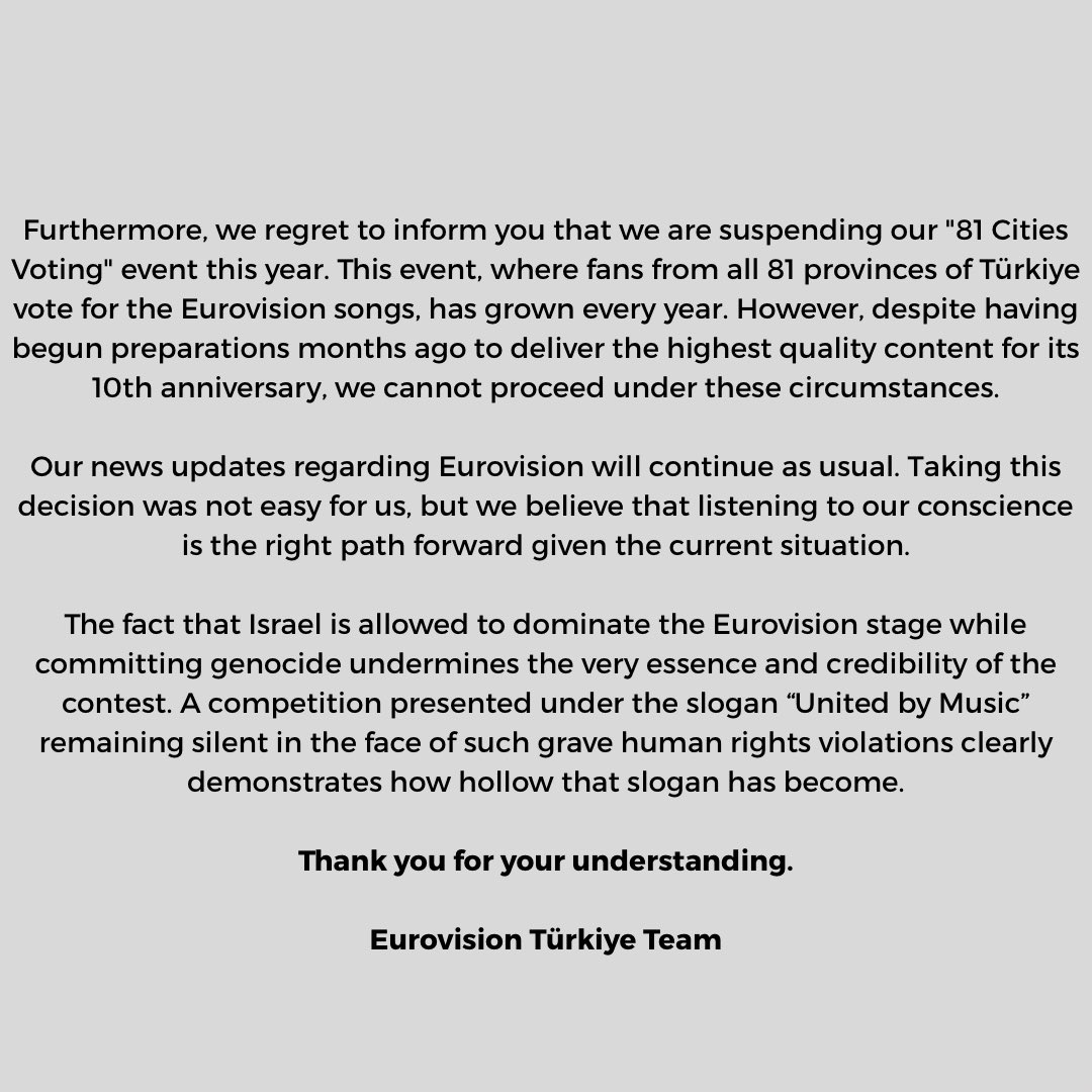 [TR] Eurovision Türkiye ekibi olarak, İsrail’in katılımının açıklanmasının ardından aldığımız kararları sizlerle paylaşmak istiyoruz.

[EN] As Eurovision Türkiye Team, we would like to share with you the decisions we have taken after the announcement of Israel‘s participation in