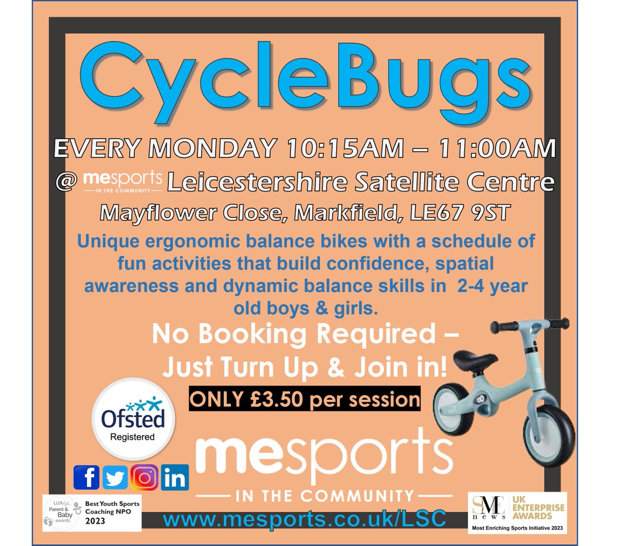 🚲CycleBugs at Markfield!!🚲

Balance bikes session full of fun activities for boys &amp; girls aged 2-4 years!😄

#CycleBugs #bikes #fun #exercise #balancebikes #MESportsCIC