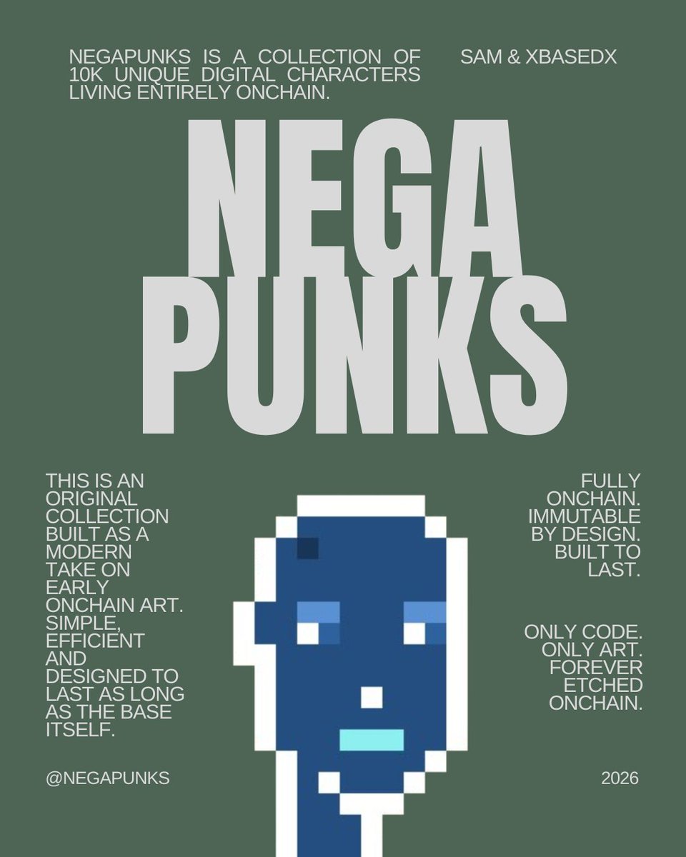 Another gate just swung open.

<a href="/VPverse/">VP Verse</a> holders this one’s yours.
Hold 4 or more by <a href="/iqrNFT/">iqrNFT.base.eth</a>?
You’re WHITELISTED. ⚔️

Already claimed your NegaPunks before?
You’ve unlocked another allocation. 👀💀

🧱 NegaPunks are fully onchain
Images + metadata engraved forever on BASE.

🎁