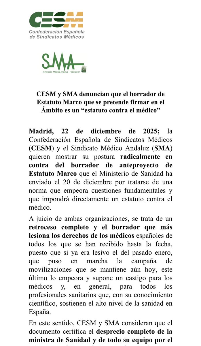 mariajocesm's tweet image. ❌llega el PEOR BORRADOR del EM.

Los médicos volvemos a tener:
👉 2 jornadas obligatorias (ordinaria + guardias: +500/800h/año)
👉 y además +150h “voluntarias”.

Retroceso histórico.
Lo que era malo… empeora.