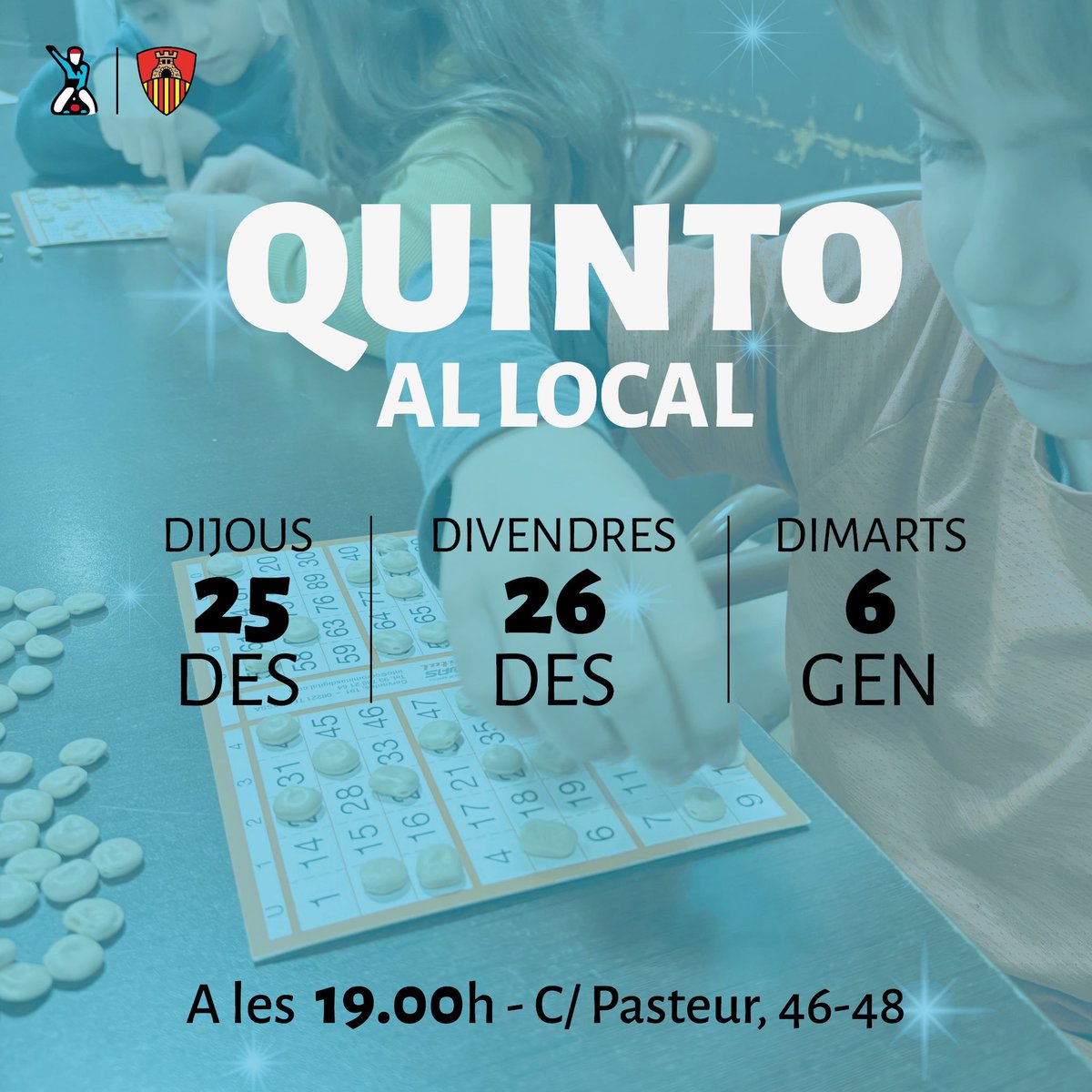 CDTerrassa's tweet photo. Bones vacances!💫

Amb ganes de trobar-nos i celebrar unes bones Festes!🥳

El 31 de desembre farem Festa de Cap d’Any amb sopar de traje a les 21h! 🍇🪩
Apunta’t a l’App per sopar plegats!📲

A més, altres dies organitzem el nostre divertit Quinto al Local, no us ho perdeu!🤪 https://t.co/blgEIairxE