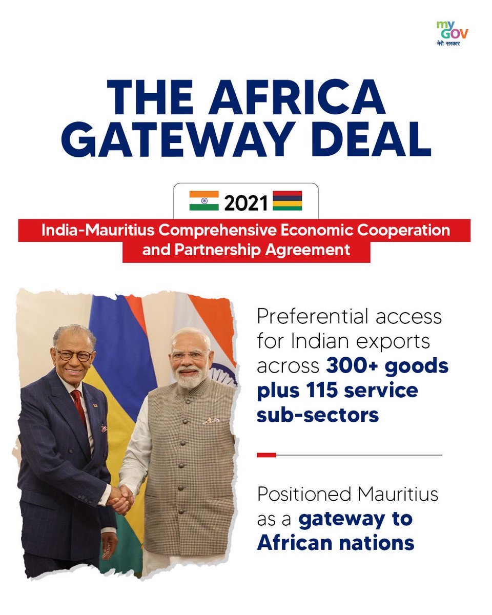 mygovindia's tweet image. The India-Mauritius Comprehensive Economic Cooperation and Partnership Agreement, signed in 2021, strengthened India’s trade presence in Africa. 

Indian exporters gained preferential access to more than 300 goods and 115 service sub-sectors.

#FTA 
#TradeRelations