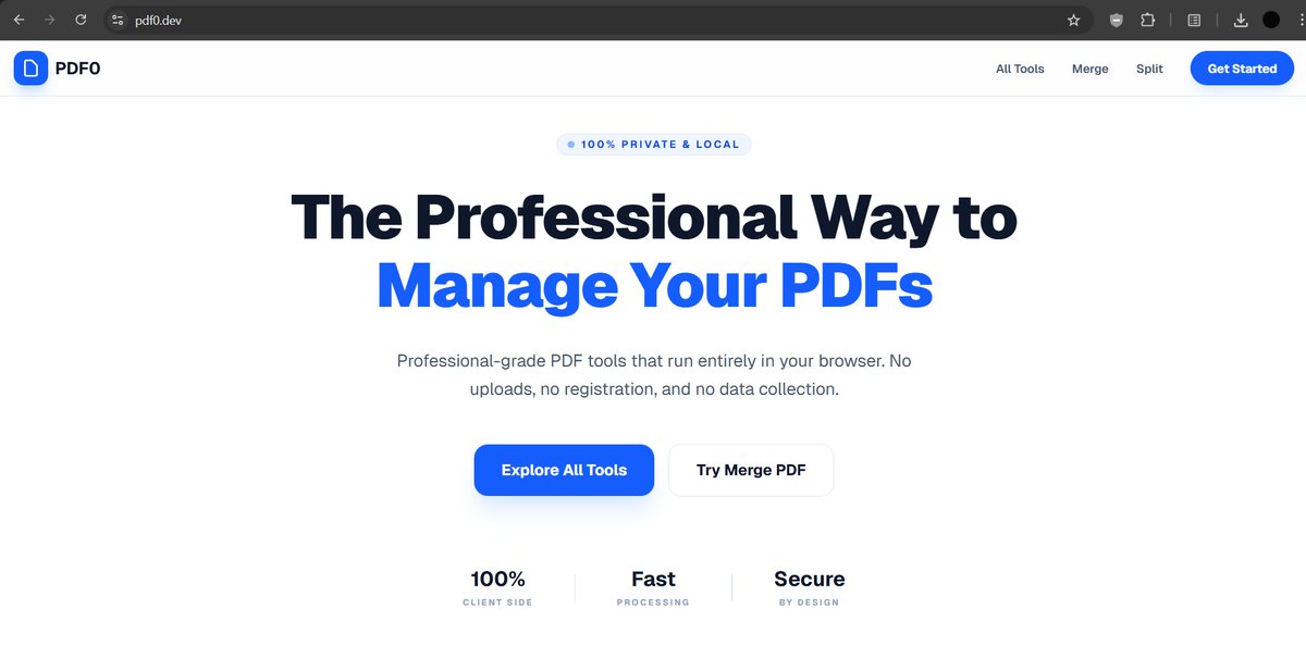 Honestly, I love PDFs.

But I HATE uploading them to someone else’s server.

So I built pdf0.dev 👇

• your PDFs never leave your browser
• merge, split, compress, watermark PDFs - all client-side
• no signups required
• 100% free &amp; open source

The best part?
