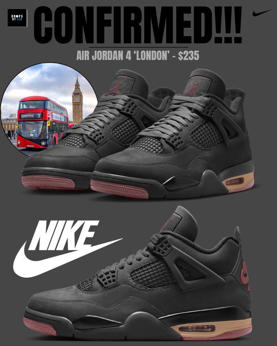 dropsbyleo's tweet photo. The Air Jordan 4 “London” is set to release in Fall 2026 🇬🇧

It features a unique “LDN” heel tab instead of the classic “Nike Air,” giving the pair a fresh twist ✍🏾

Black / Red Bark / Dark Smoke Grey / Smoke Grey / Hemp
Style Code: IV6048-001

Cop 🔥 or drop 🗑️?

Follow @dropsbyleo for more