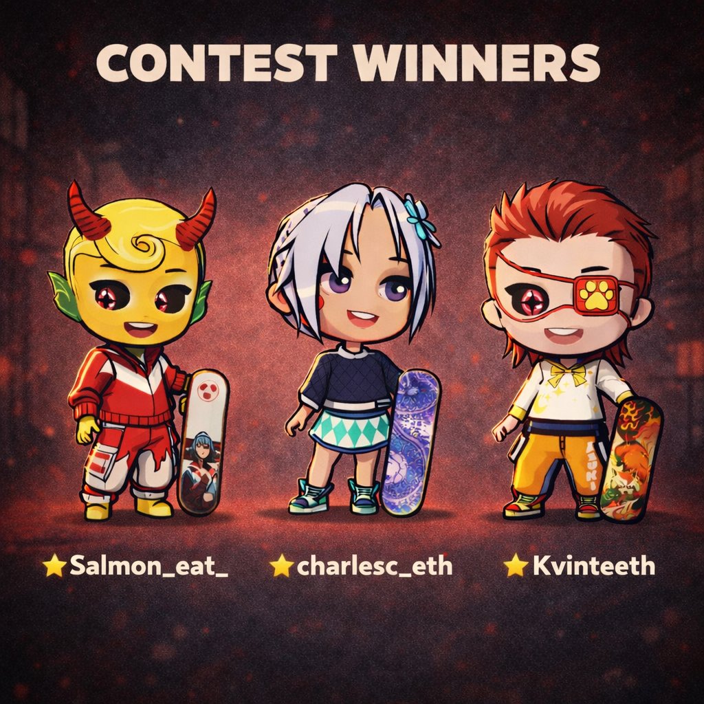 Share your skater contest results! 🛹

After reviewing so many insanely good submissions across the Alley, we've decided the bean winners!

Congrats to:
> <a href="/Salmon_eat_/">vʌ</a> 
> <a href="/charlesc_eth/">charlesc.eth 🍌⛩</a> 
> <a href="/Kvinteeth/">Kvintestar⛩️ Anime Artist</a>

And to everyone who participated, we've gifted you a Rare Box! ⚡️📦

Big thanks