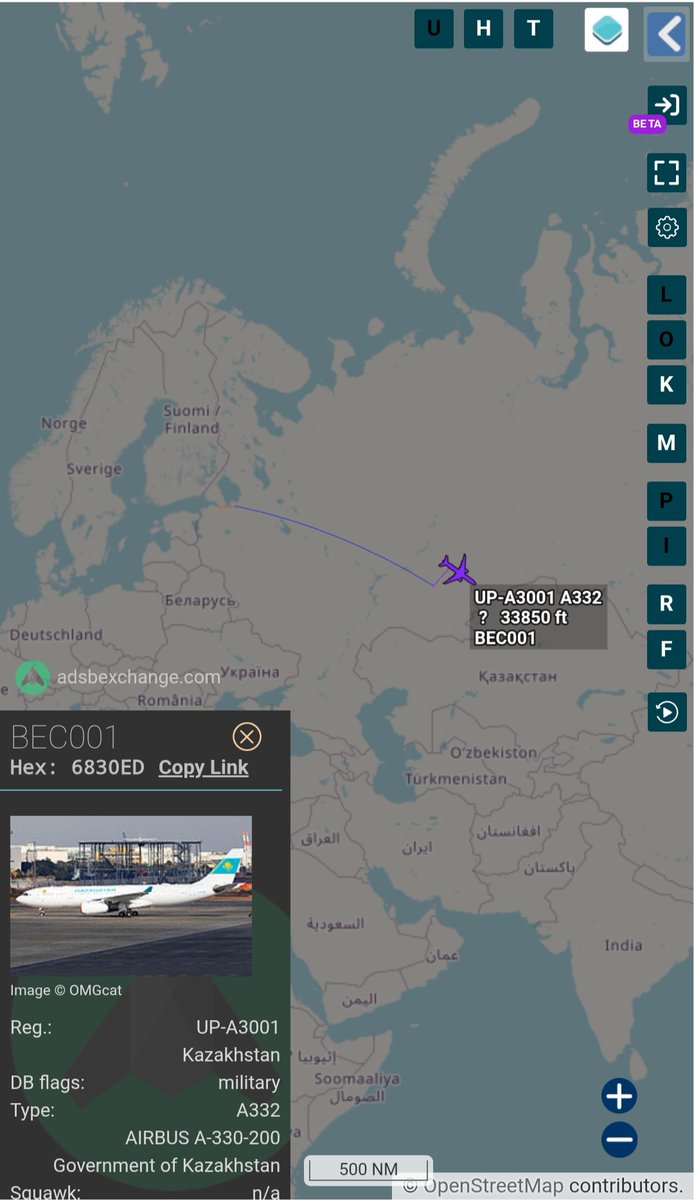 Borrowed7Time's tweet photo. Kazakhstan Govt A330-200 UP-A3001 #6830ED as BEC001 returning from St. Petersburg to Astana with Pres. Kassym-Jomart Tokayev.
@sipjack1776 @Dinlas3 @LadyAstroJet https://t.co/AN0zhw97yK