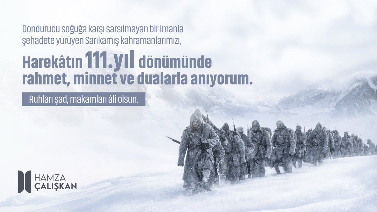 Dondurucu soğuğa karşı sarsılmayan bir imanla şehadete yürüyen Sarıkamış kahramanlarımızı, harekâtın 111. yıl dönümünde rahmet, minnet ve dualarla anıyorum. Ruhları şad, makamları âli olsun.

#SARIKAMIŞ