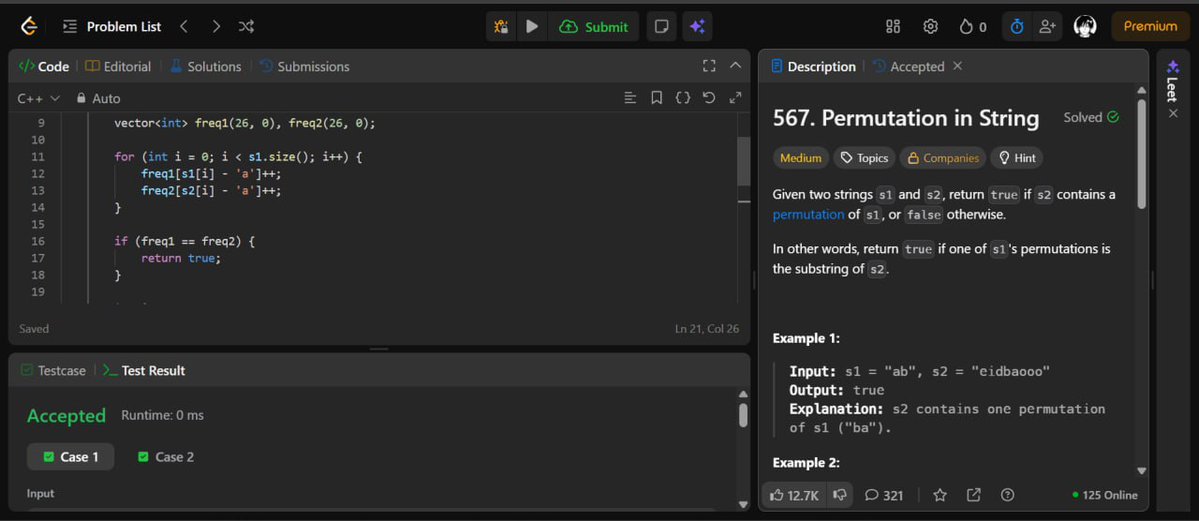 B_Furqan07's tweet image. 🚀 Day 229 — React + DSA

🧩 Solved 1 DSA problem
LeetCode 567 Permutation in String

⚛️ React Learning
Understood Single Page Applications
Implemented routing using React Router
Built basic page navigation flow
Keeping the momentum going 🚀
#100DaysOfCode #cpp