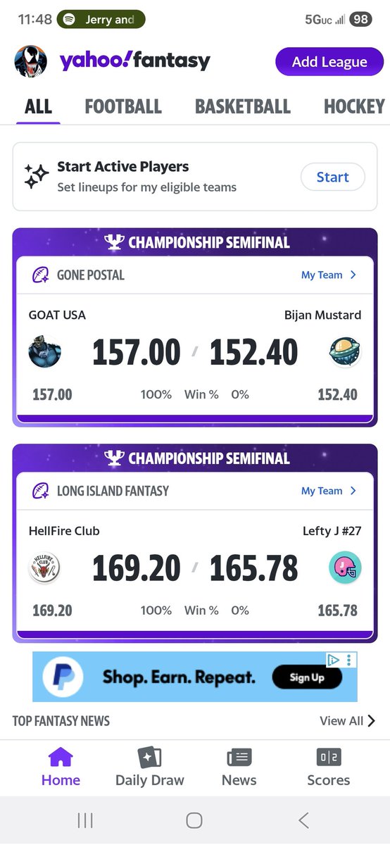 DriGetsMad's tweet photo. @FantasyGuruSite @SiriusXMFantasy Made the finals in both leagues!  Thanks @Jeff_Mans Great content and rankings all year.  Let's go!! https://t.co/l5xnC1puCi