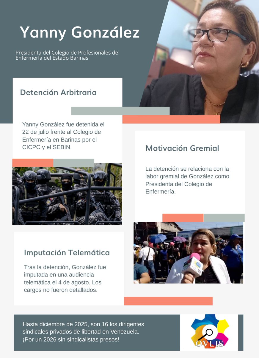 Libertad inmediata y plena para Yanny González, Presidenta del Colegio de Profesionales de la Enfermería del Estado Barinas fueron detenida el 22 de julio e imputada por Internet. #AñoNuevoSinSindicalistasPresos