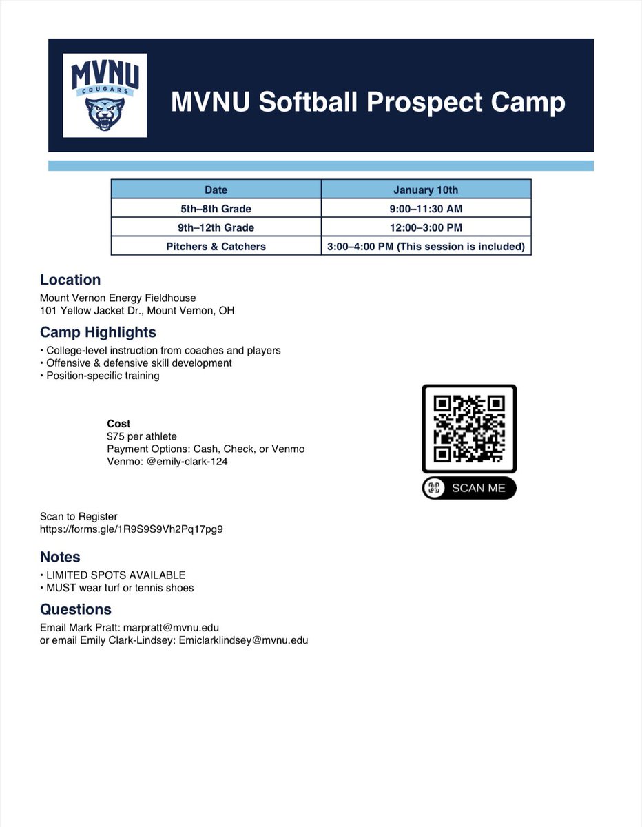 JOIN US AT OUR PROSPECT CAMP, January 10th! A great way to meet our 2025-26 softball team. Go Cougs!!
 
Use the link or QR code to register 

5th - 8th grade: 9-11:30
9th - 12th grade: 12-3
Pitching &amp; Catching: 3-4