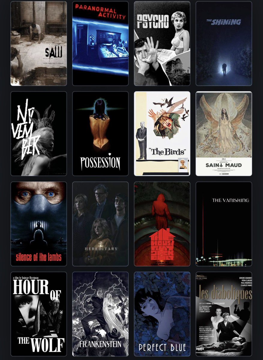 MadzArc's tweet image. هذه قائمة أفلام رعب مكوّنة من 150 فيلم، تشمل جميع أنواع الرعب: النفسي، الخارقي، الدموي، الكوميدي، المخلوقات، والفولكلور.

الأفلام كاملة موجودة في رابط Letterboxd تحت التغريدة.