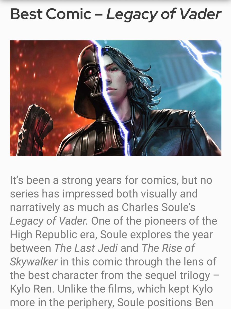 ochreveil's tweet image. The character Ben Solo/Kylo Ren won in two categories of the annual StarWars Awards by @sw_holocron 🏆🥳 : 

• Best Comic: Legacy of Vader
• Surprise of the year: #TheHuntForBenSolo