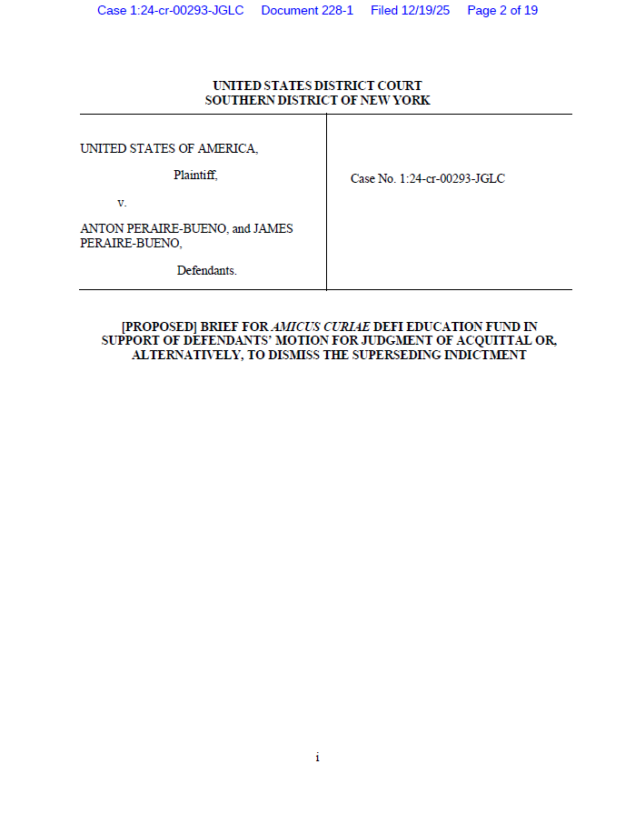 fund_defi's tweet photo. 1/ On Friday, DEF filed an amicus brief in US v. Peraire-Bueno to make the point that the DOJ’s novel theory of wire fraud violates the defendants’ Due Process rights. 

Our brief argues that due process “requires the government to impose new rules on novel technologies through lawmaking, not prosecutions.”

The DOJ’s regulation-by-criminal-indictment approach to software developers needs to end.