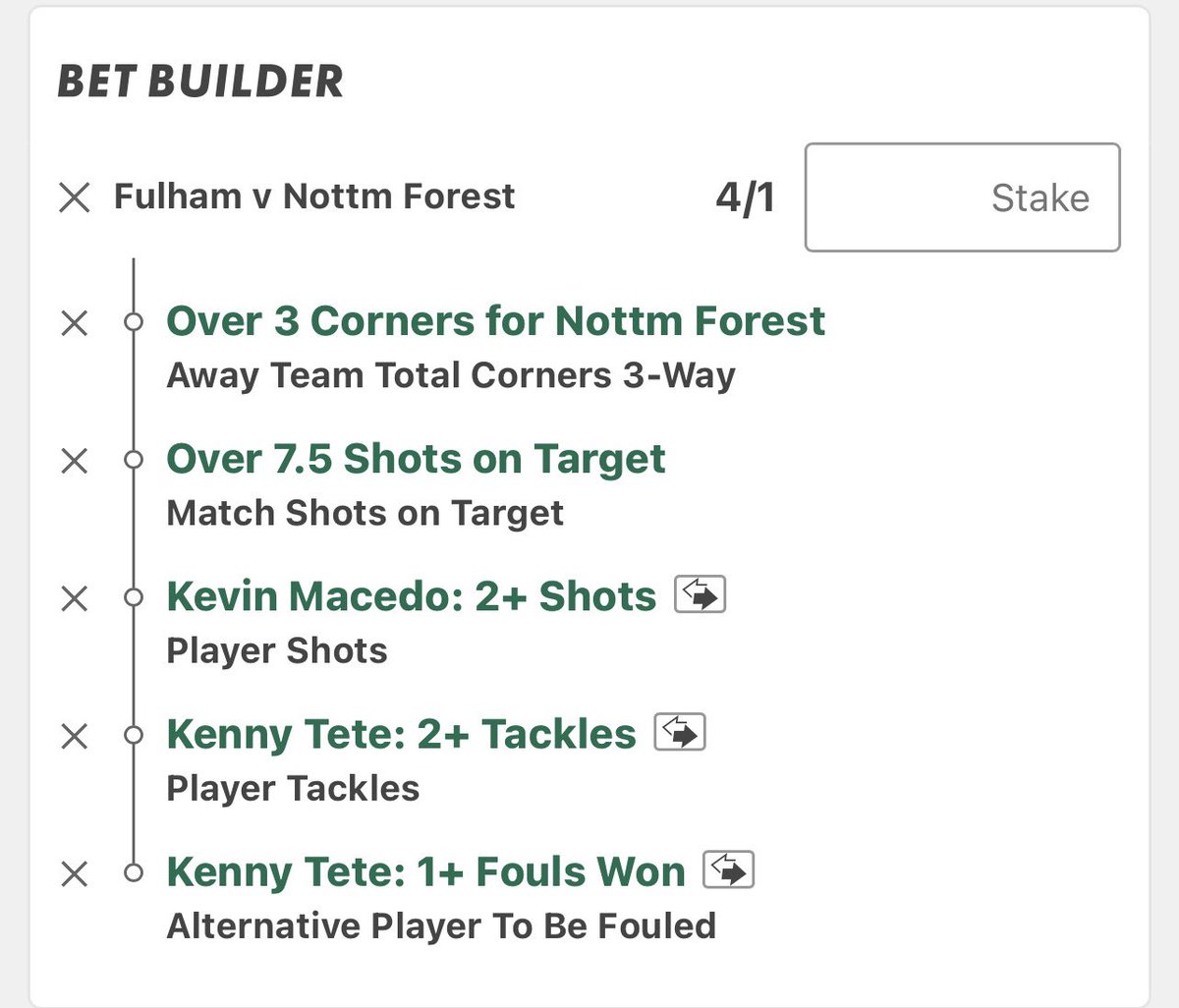 BetLabFootball's tweet image. Fulham vs Forest bet builder @ 4/1 ⚽️🔜💰

All backed by the last 5 games' form 📊

Stats can be found in the comments below 👇 along with a link to add straight to your bet slip

Add To Your Bet Slip - bet365.com/s/r/Tmm7w

#GamblingTwitter #GamblingX #PremierLeague