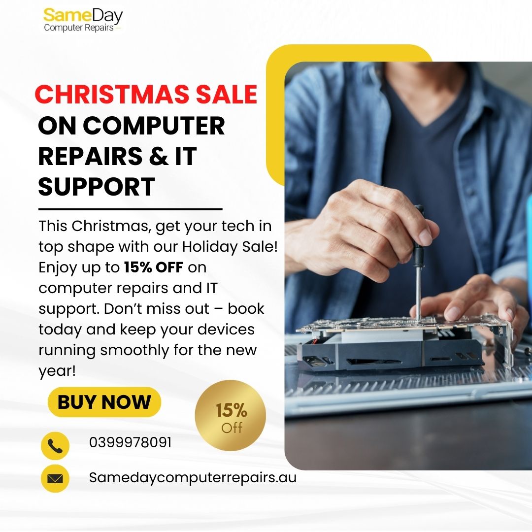 pc_repairs0's tweet image. Get your tech in top shape this holiday season with 15% OFF on computer repairs and IT support at Same Day Computer Repairs!

Book now and keep your tech ready for 2026!

Call 0399978091 or visit samedaycomputerrepairs.au

#ChristmasSale #ComputerRepairs #HolidayDeals #ITSupport