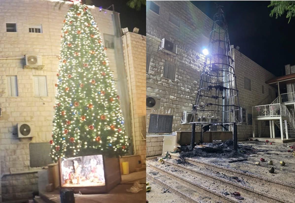IhabHassane's tweet image. HORRIFIC: Last night, Palestinian extremists set fire to the Christmas tree at the Holy Redeemer Church in Jenin, in the West Bank.