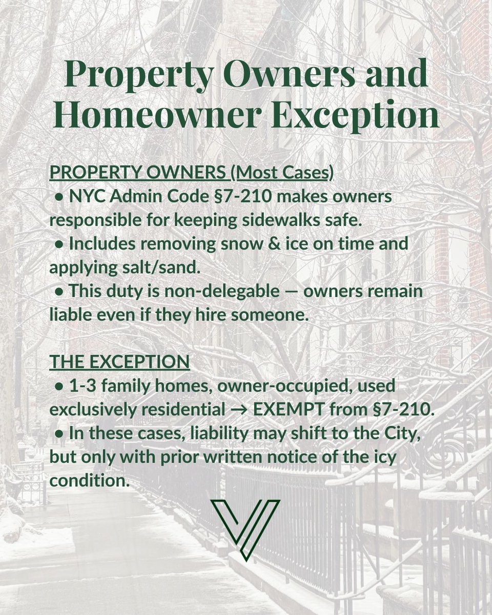VeridianLegal's tweet photo. Who’s responsible for an icy NYC sidewalk?
• Property owners (most cases)
• EXCEPTION: 1-3 family owner-occupied homes → City may be liable
• Tenants may share responsibility via lease
• Contractors liable if negligent
• NYC liable only in specific situations

Need help? (212) 706-1007
#NYCSlipAndFall #WinterInjury