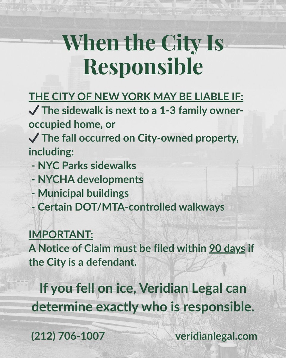 VeridianLegal's tweet photo. Who’s responsible for an icy NYC sidewalk?
• Property owners (most cases)
• EXCEPTION: 1-3 family owner-occupied homes → City may be liable
• Tenants may share responsibility via lease
• Contractors liable if negligent
• NYC liable only in specific situations

Need help? (212) 706-1007
#NYCSlipAndFall #WinterInjury