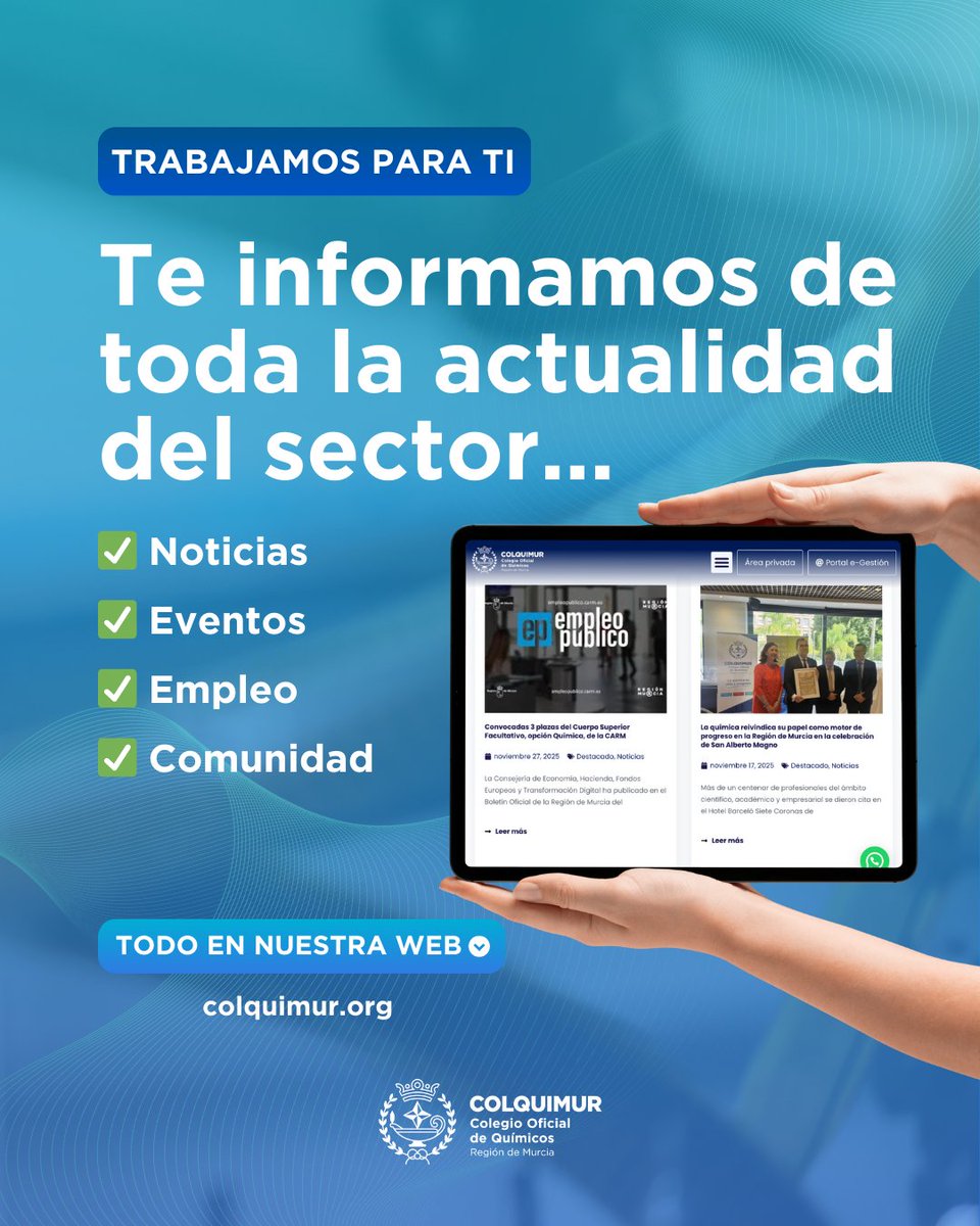 Trabajamos cada día para ofrecerte la mejor información sobre el sector químico:

👉🏼 Noticias
👉🏼 Eventos
👉🏼 Empleo
👉🏼 Comunidad

Y todas las novedades relacionadas con nuestra actividad como colegio.

🧐 Entra en nuestra web y descúbrelas.

#colquimur #colegioquímicos #formación
