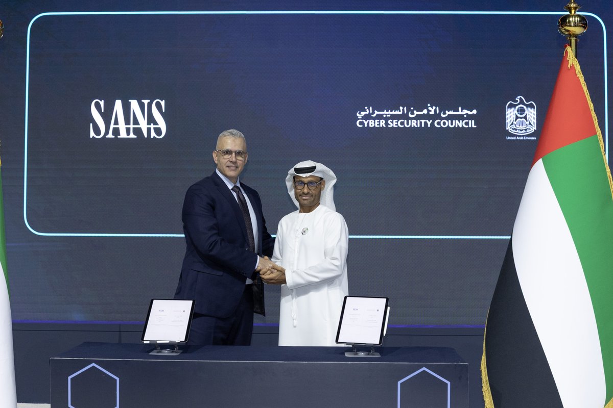 SANSEMEA's tweet image. Strengthening national cyber defence starts with skilled people.

Our new partnership with the UAE Cybersecurity Council will empower cybersecurity professionals across the nation with world-class training and future-ready expertise.

Find out more: bit.ly/4aXAYws