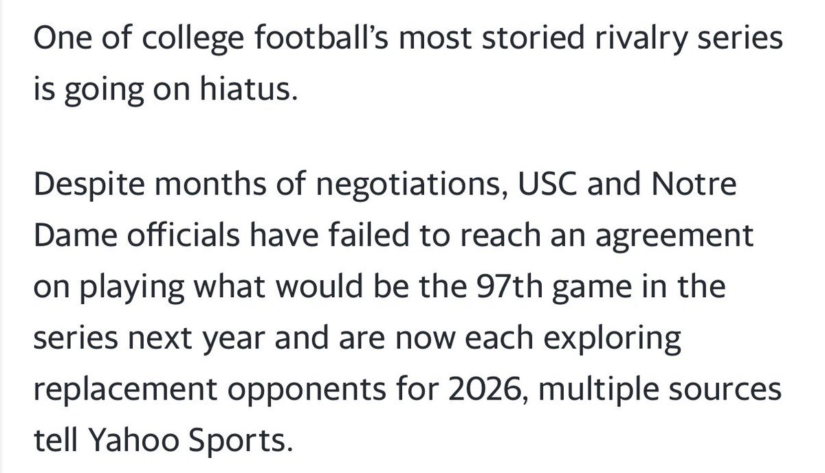 UnnecRoughness's tweet image. Notre Dame and USC are exploring replacement opponents for 2026 due to failed negotiations thus far…

We are in danger of losing Notre Dame vs. USC 

(via @RossDellenger)