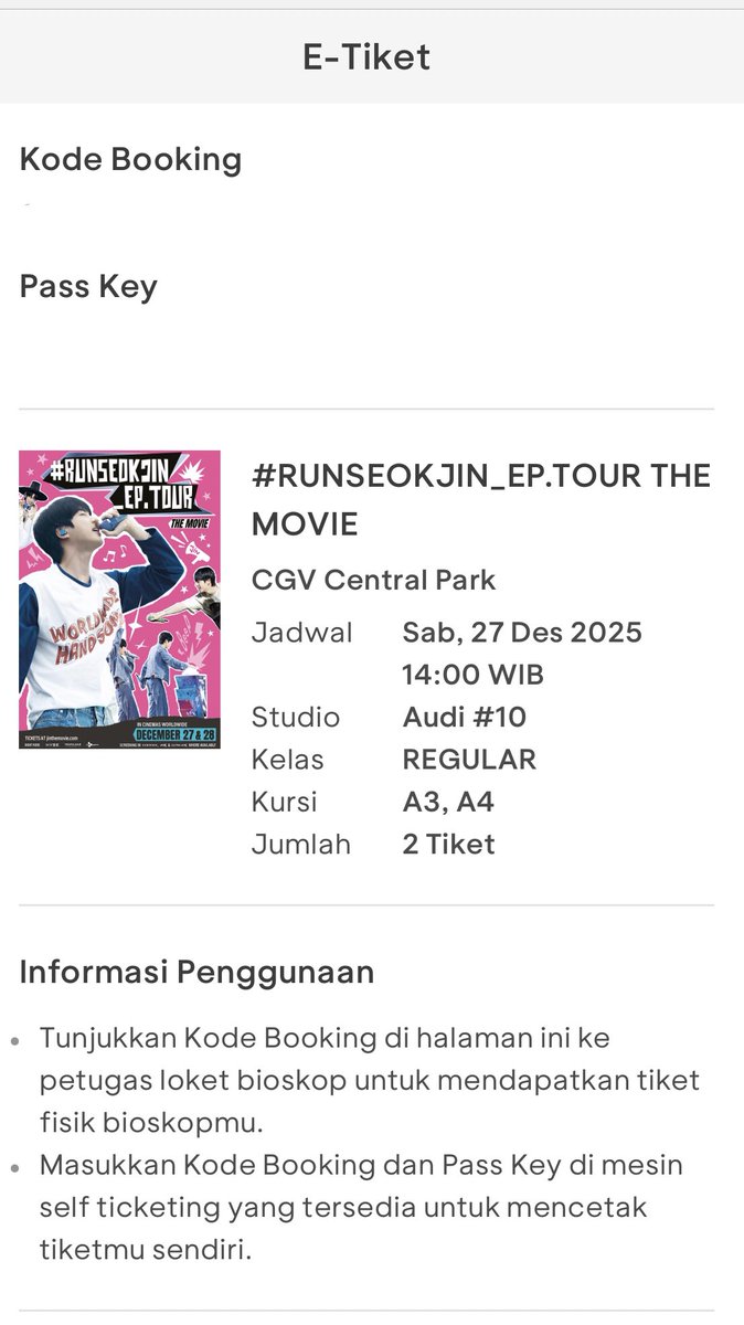 jimimimmm's tweet photo. WTS TIKET BIOSKOP #RUNSEOKJIN_epTOUR_Movie 2 tiket sweetbox di CGV Central Park Jakarta.
Aku jual langsung 2 ya guys ga bisa satuan karena ini di sweetbox. Dijual karena ada jadwal mendadak di tanggal tsb

Tags : WTS BTS JIN  #wts #JIN #KimSeokjin #BTS https://t.co/OX2MszW7TV