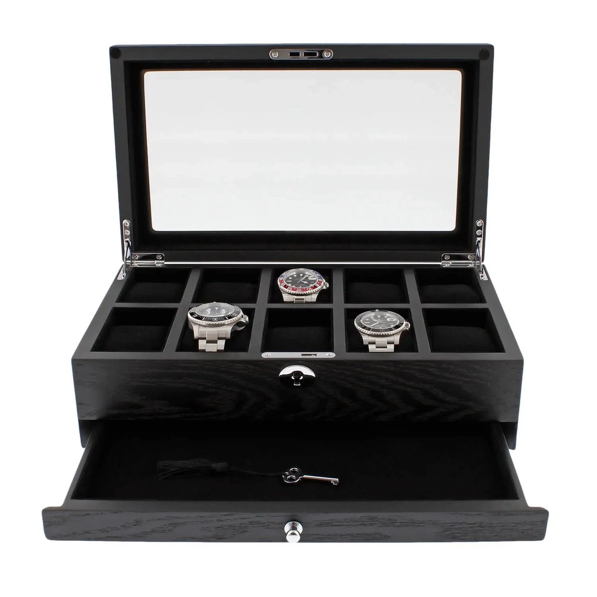aevitas_uk's tweet image. Keep your timepieces organized in style with our black oak veneer box. Fits 10 watches plus an extra drawer for convenience. Perfect for those who value organization and quality. £229.95 #WatchStorage #LuxuryStorage aevitas-uk.co.uk/products/premi…