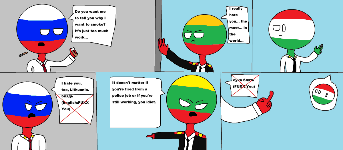 JunLee13507's tweet photo. (A cartoon arguing with Lithuania when Russia is smoking on a rooftop) (Also Read: Reveals This Cartoon Is Not Purpose Of Condemning Other Countries) #Countryhumans #countryballs #countryhumansLithuania #CountryhumansRussia #CountryhumansHungary https://t.co/G3vouVPEWu