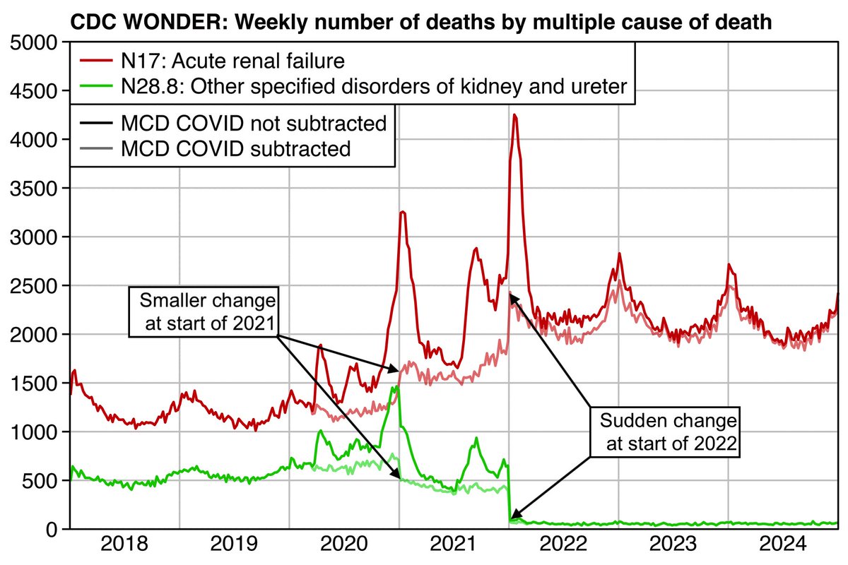 yukatapangolin's tweet photo. @Jean__Fisch Looks like a change in coding practices. The CDC switched from MICAR to MedCoder in 2022 and probably swapped N17 (Acute kidney failure) for N28.8 (Other specified disorders of kidney and ureter) https://t.co/eRe7i4fzW4 https://t.co/1UGLzkAtXu