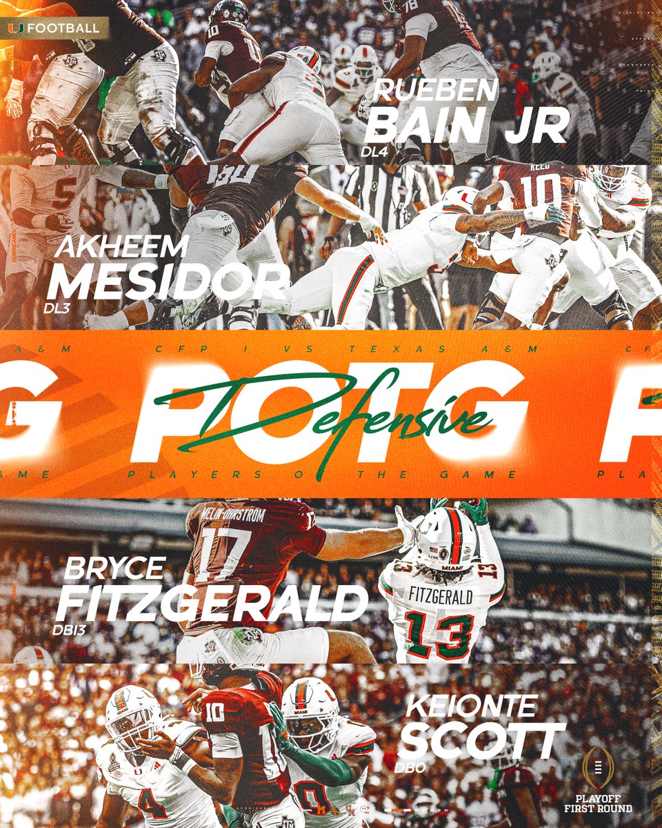 CanesFootball's tweet image. Rueben, Akheem, Bryce and Keionte are your Defensive Players of the Game for the First Round of the @CFBPlayoff 🙌

#GoCanes | @CFBPlayoff