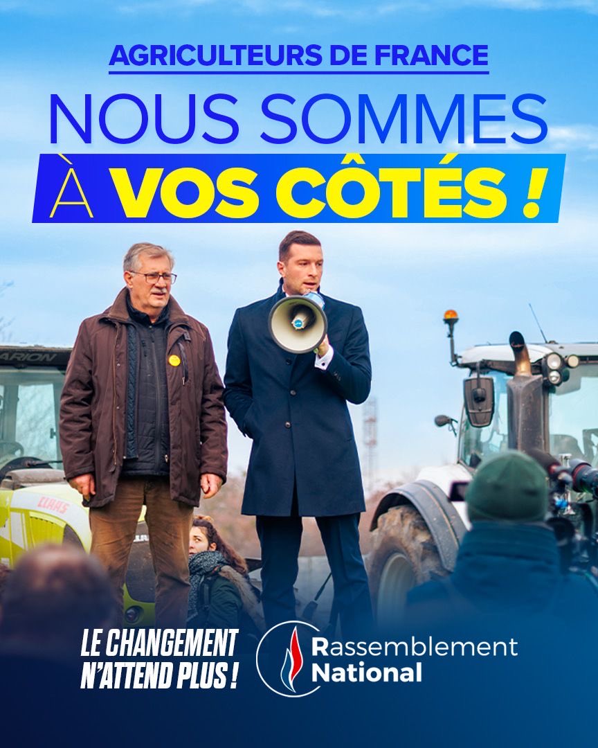 🔵 Face aux décisions déconnectées, aux partisans de la décroissance et aux artisans de la concurrence déloyale, dont le funeste traité Mercosur est le symbole, ceux qui nous nourrissent peuvent compter sur le RN pour les défendre !

Agriculteurs, éleveurs, producteurs et