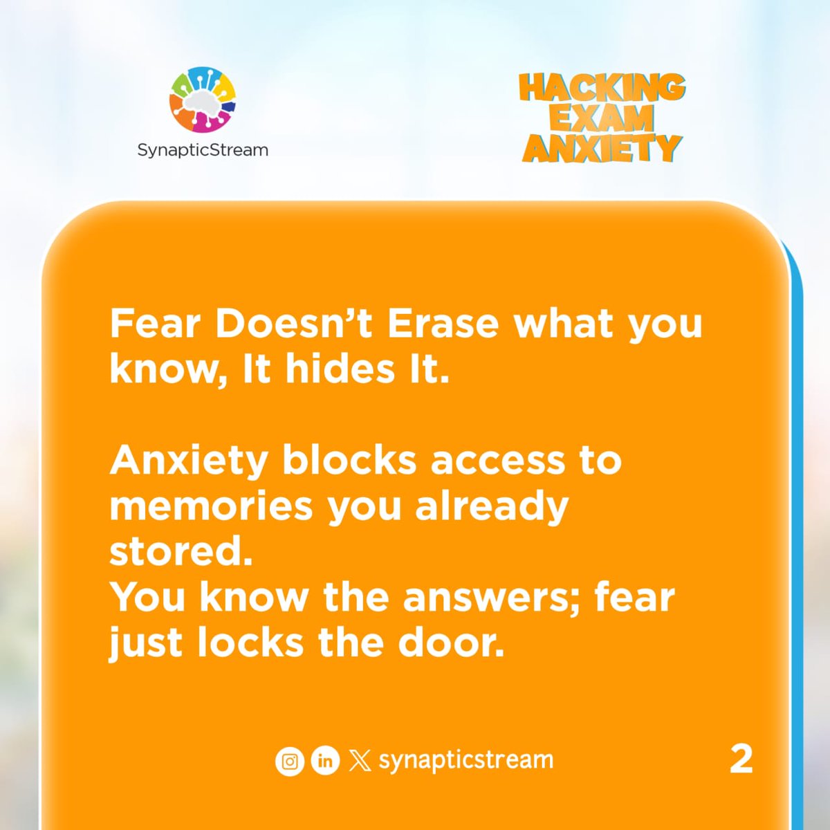 SynapticStream's tweet photo. Your brain doesn’t forget under pressure, it goes into survival mode. For many of us, exams feel like danger, so fear takes the wheel and the knowledge we have accumulated hides. 

A thread🧵 https://t.co/SbzAO7CST5