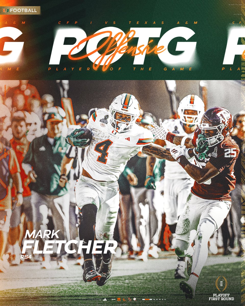CanesFootball's tweet image. Mark Fletcher is your Offensive Player of the Game for the First Round of the @CFBPlayoff 🙌

#GoCanes | @CFBPlayoff