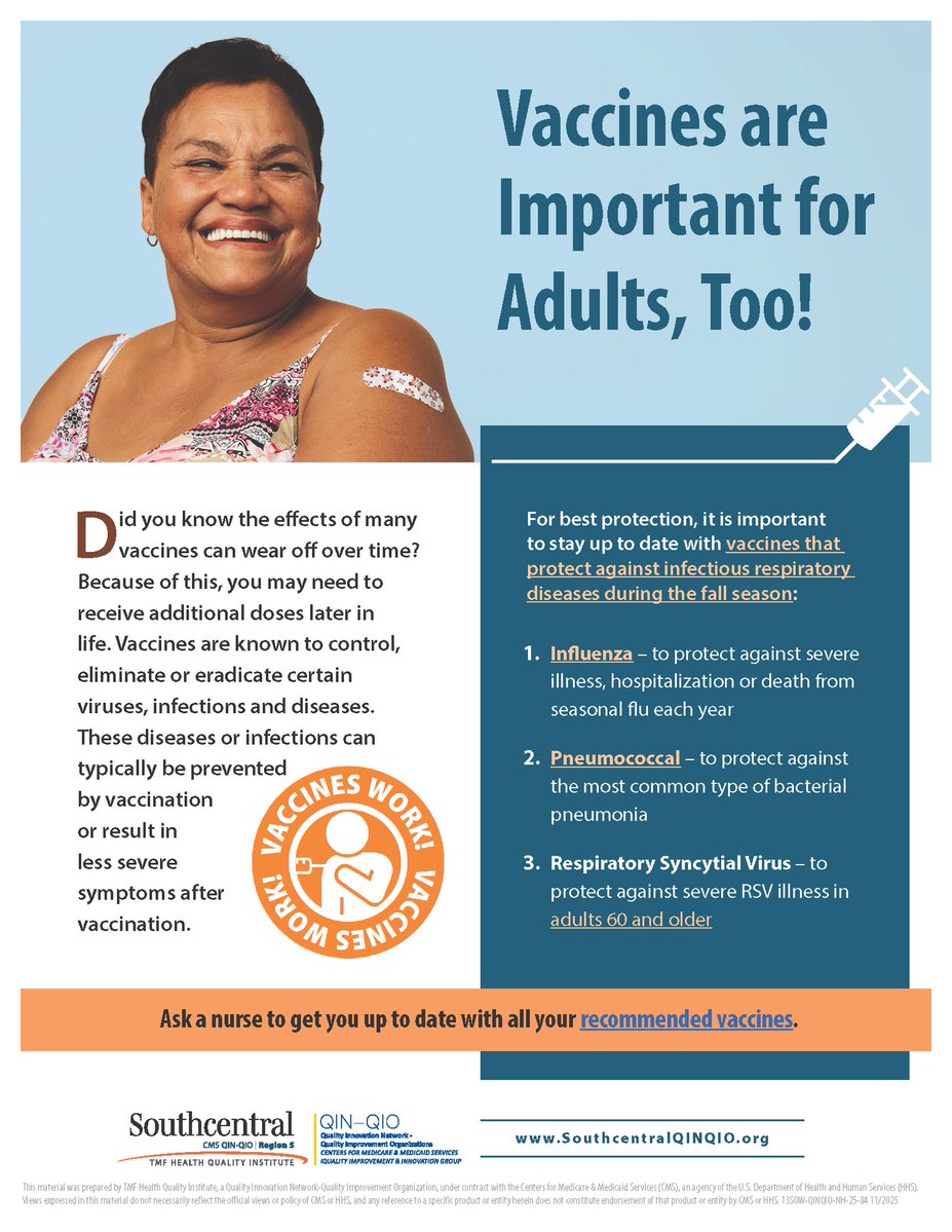The effects of many vaccines can wear off over time. For best protection, it is important to stay up to date with vaccines that protect against infectious respiratory diseases. Download &amp; share our flyer to help educate your loved ones. bit.ly/49nxsu6 #GetVaccinated