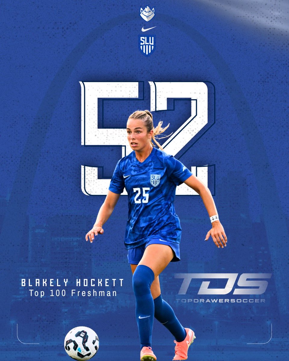 SLUWSoccer's tweet photo. Blakely Hockett remains at #52 in @topdrawersoccer Postseason Top 100 Freshmen! 

The A-10 All Rookie team member played 1,416 minutes at center back contributing to 11 shutouts and scoring 2 goals. The future is bright! 🤩 

#HTR #rollbills https://t.co/U6n5ufGyQZ
