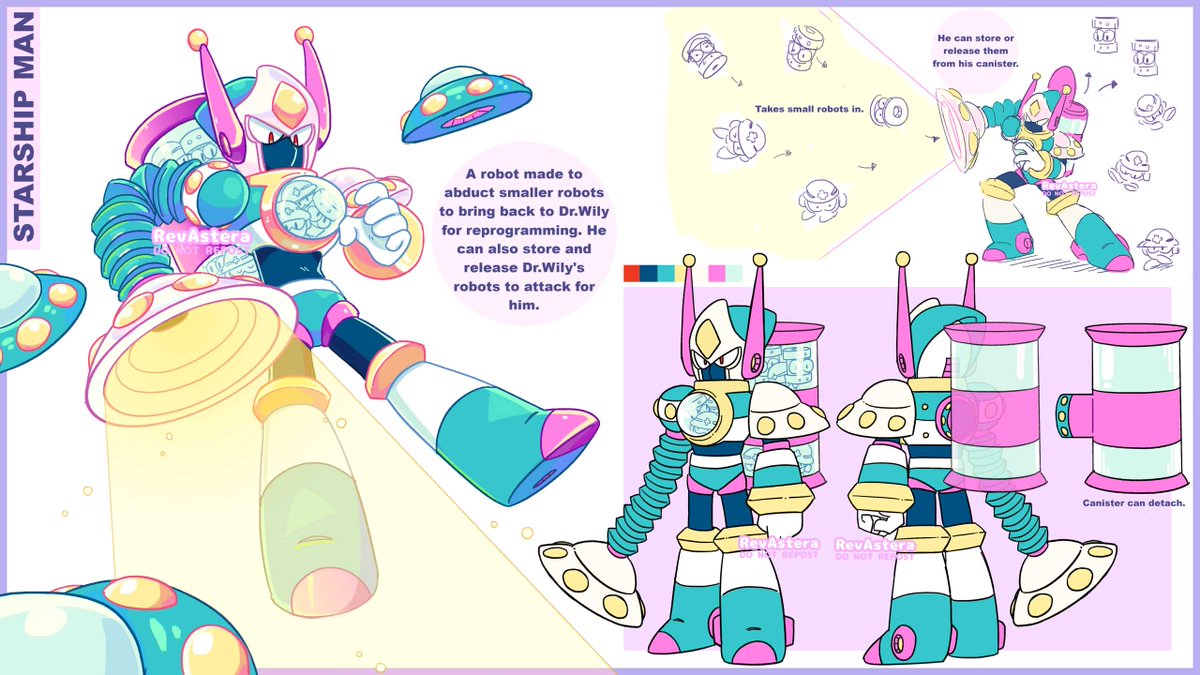 revastera's tweet image. Robot Master Design

Starship Man
A robot made to abduct smaller robots to bring back to Dr.Wily to reprogram them for his robot army. He can also store and release Dr.Wily's robots to attack for him.

Pen name: RevAstera

#MegaManDO #DesignARobotMaster