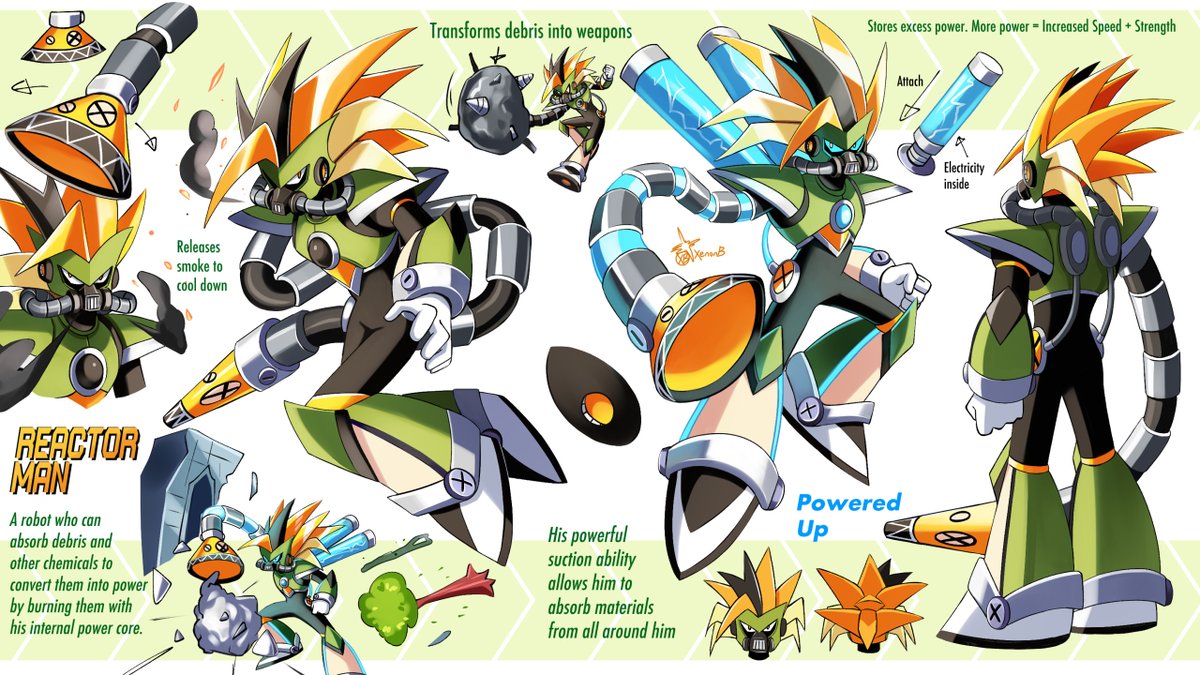 _XenonB_'s tweet image. Robot Master Design  

Reactor Man 
A robot that gains power by absorbing materials and chemicals using his powerful suction ability. He can hold debris with his suction arm and turn them into weapons. 

Pen name: XenonB  
#MegaManDO #DesignARobotMaster