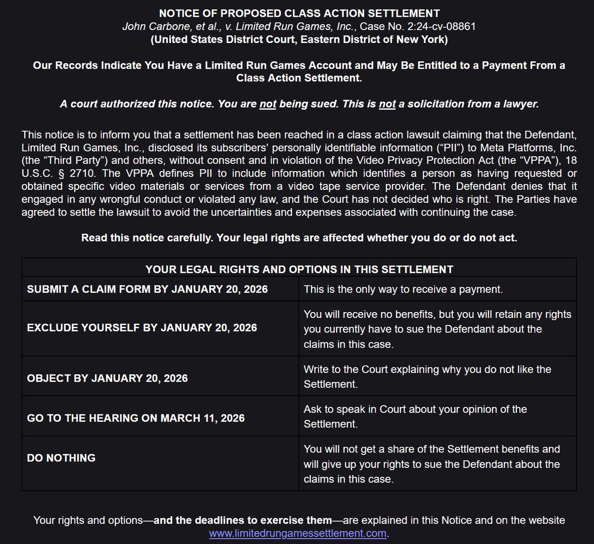 Limited Run Games lawsuit over allegedly sharing customer video-viewing and purchase data with Facebook via tracking tools without consent:
A proposed ~$2.7M settlement is on the table, covering customers from 2016–2025, though LRG denies any wrongdoing 🧵