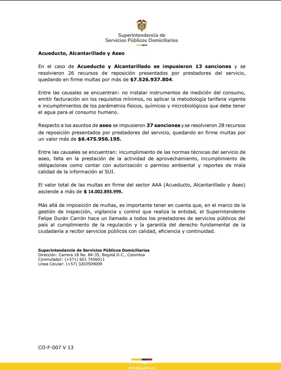 La Superservicios impuso multas por más de $35.715 millones a empresas de servicios públicos durante 2025.

Las sanciones se aplicaron en los sectores de energía, gas, acueducto, alcantarillado y aseo, por incumplimientos a la regulación y vulneraciones a los derechos de los