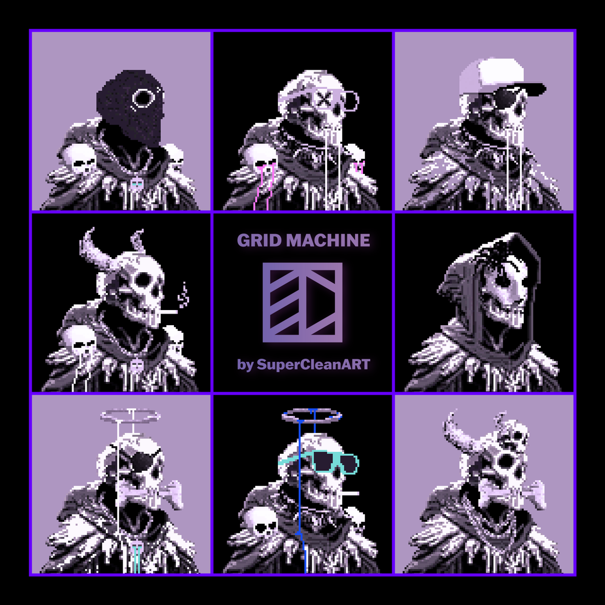 Here is another project on <a href="/base/">Base</a> that looks fantastic in the Grid Machine.  You know I love purple NFTs 
<a href="/DoomsayersNFT/">Doomsayers</a>