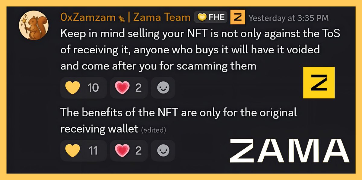 Zama OG NFTs are non-transferable.

Listing or selling them = straight ToS violation.

All perks + rewards are hard-bound to the original wallet  buyers receive zero utility.

Treat them like soulbound $ZAMA access, not flip assets.

Anyone trying to sell is risking penalties,