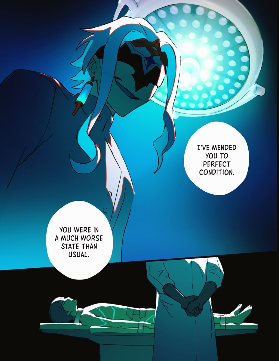 fenkko's tweet image. Another expedition concluded. Kunikuzushi awakens to the familiar sear of The Doctor's operating lights. [pg1 of 6, final section of abyss AU)